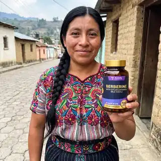 Rosa Elvira con su frasco de Berberina 27 en 1