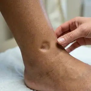 Dedo presionando el tobillo y dejando una marca
